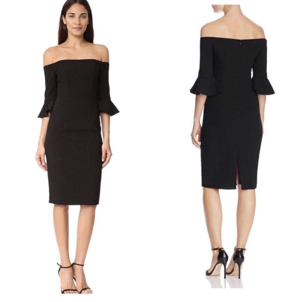 Black Halo Off Shoulder Sheath Dress Bell Sleeve Black Size 12 NWT